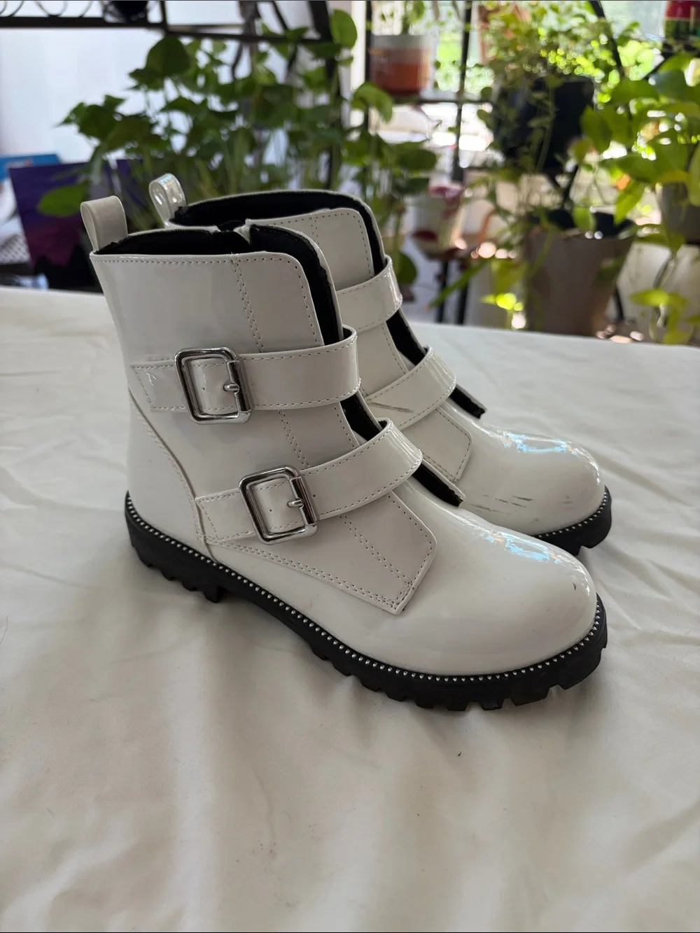 Sonoma White Patent Double-Buckle Kids Combat Boots